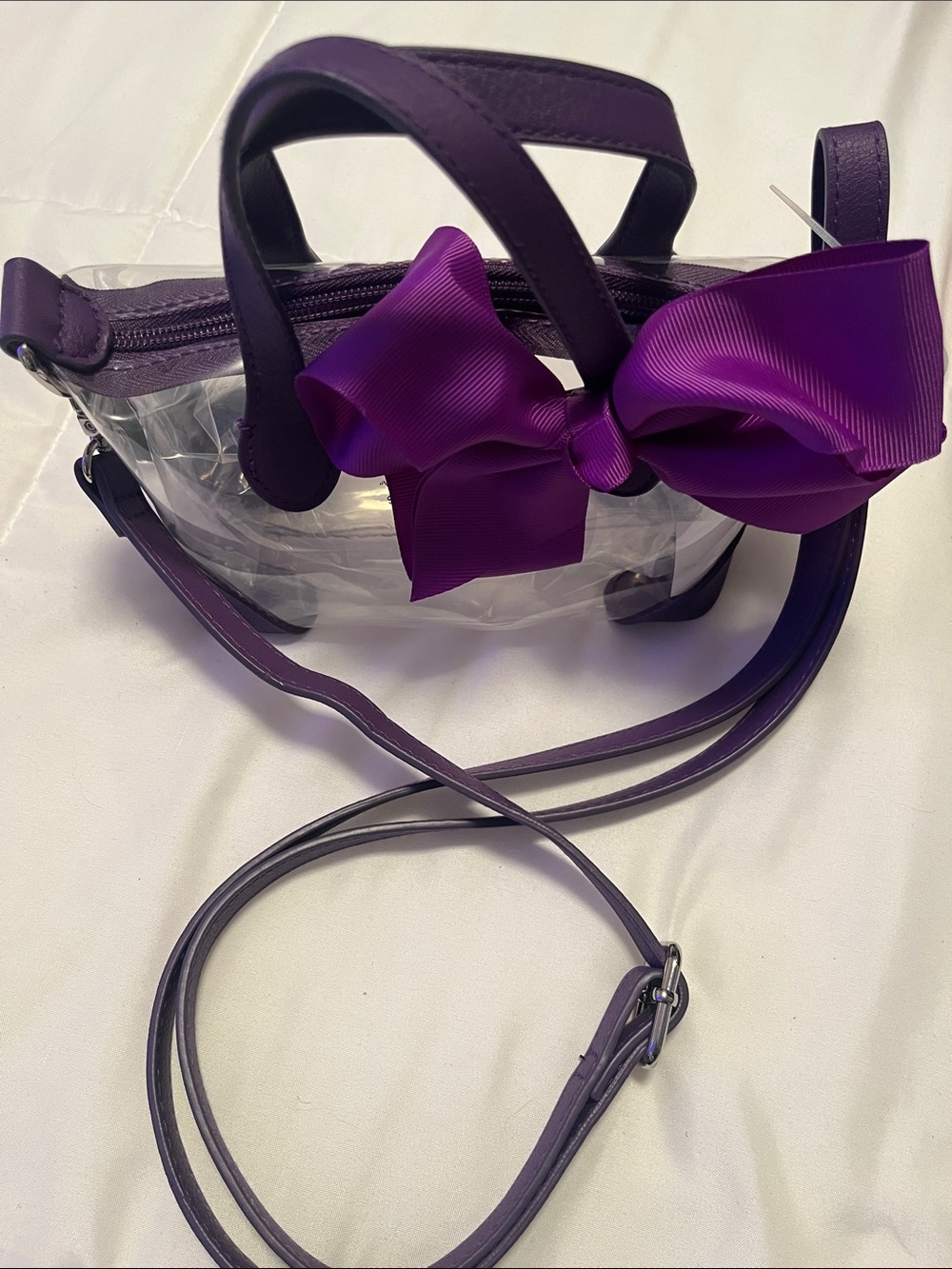Clear Crossbody Bag with Purple Trim & Decorative Hair Bow New
